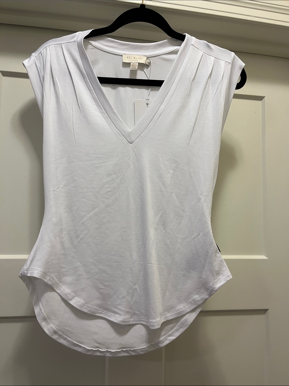 Ted Baker White V-Neck Pleated Cap-Sleeve Top
